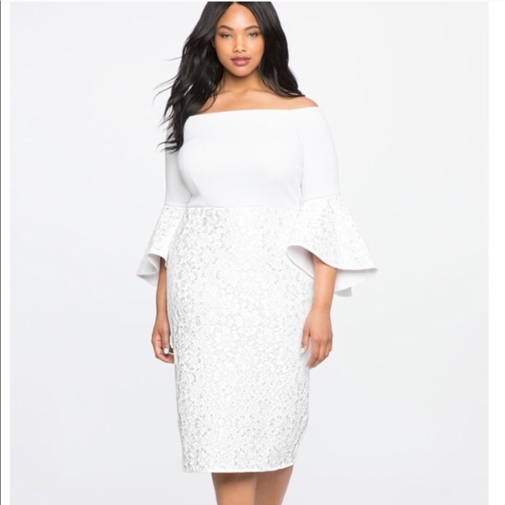 Eloquii Off Shoulder Floral Trumpet Sleeve Dress